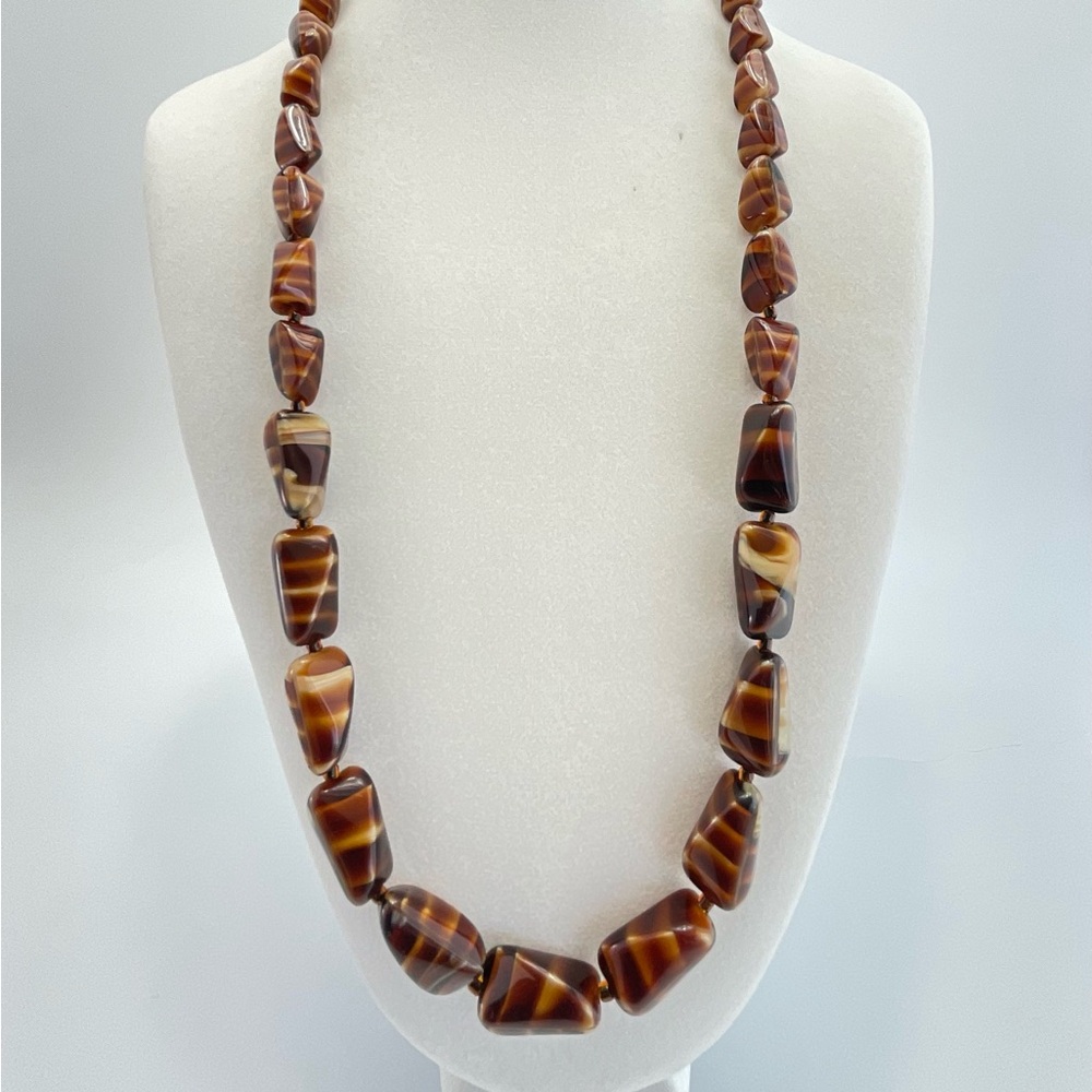 Vintage Lamp Work Glass Necklace & Earrings, Brown and Gold Striped Beads